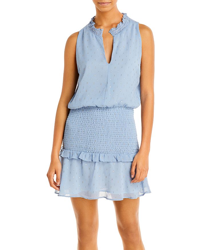 aqua dot long sleeve smocked mini dress