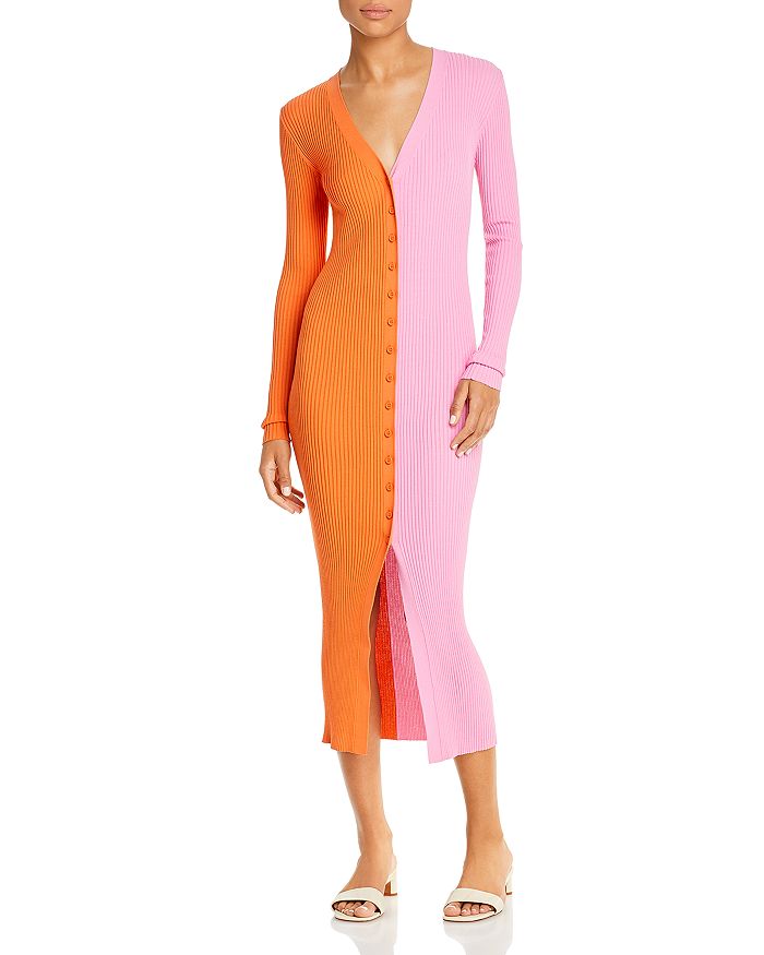 Staud Shoko Two-tone Ribbed Stretch-knit Cardigan In Nectarine