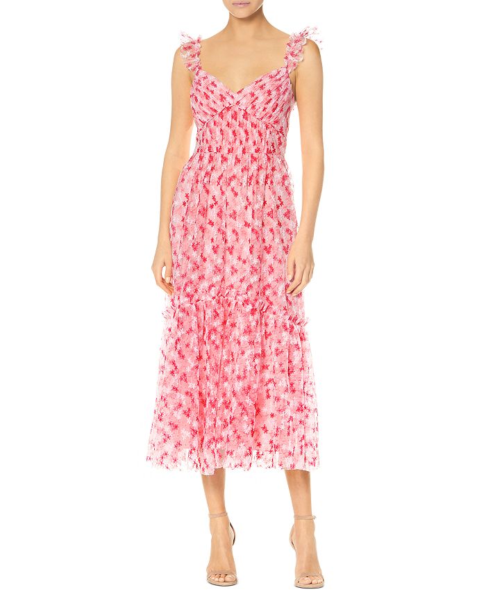 ML Monique Lhuillier Floral Embroidered Mesh Midi Dress | Bloomingdale's