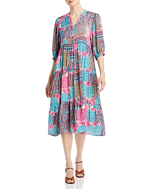Olive Hill Printed Tiered Dress In Teal/rose