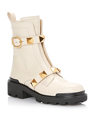 Shop Valentino Women's Roman Stud Combat Boots With Studs In Ivory