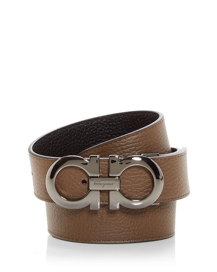Salvatore Ferragamo Men's Double Adjustable Reversible Gancini Leather Belt Brown