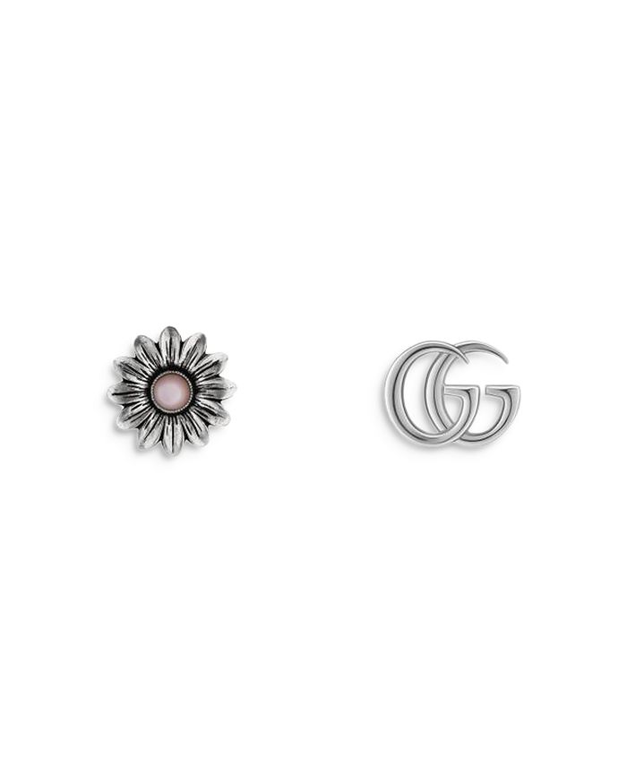 Gucci - Sterling Silver Mother of Pearl Flower & Logo Mismatch Stud Earrings