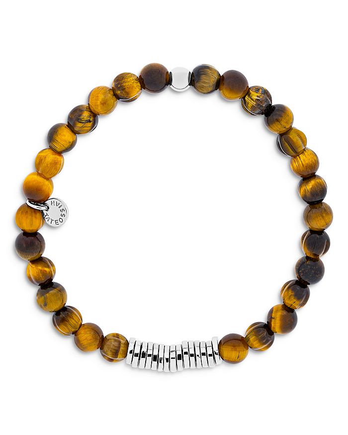 Shop Tateossian Brown Tiger Eye Beaded Bracelet With Sterling Silver Spacer Discs