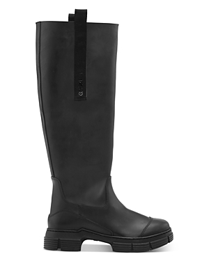 Ganni Grosgrain-trimmed Rubber Knee Boots In Black