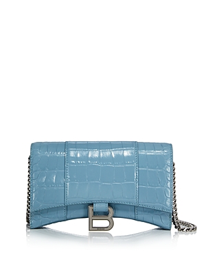 Balenciaga Hourglass Leather Chain Wallet In Blue Gray/silver