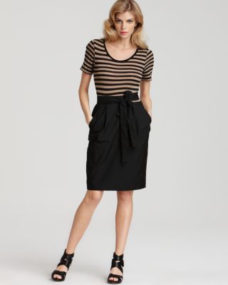 DKNY - Striped Technical Twill Belted Dress