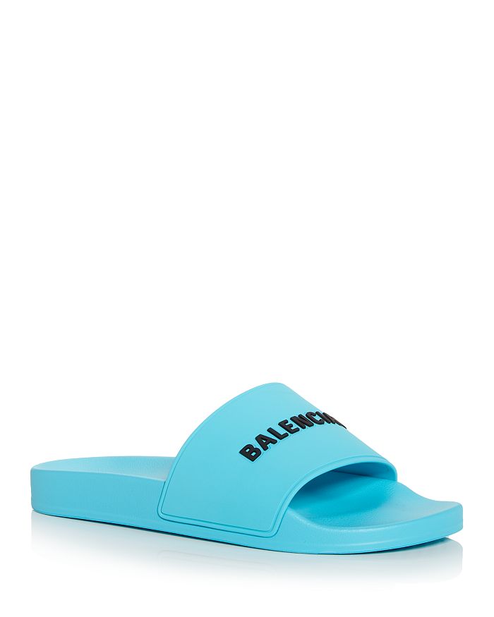 Balenciaga Raised Logo Pool Slides In Turquoise/black