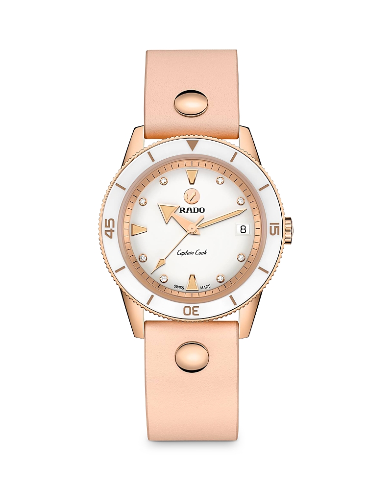 Rado Women's Swiss Automatic Captain Cook Diamond (1/20 Ct. T.w.) Pink Leather Wrap Strap Watch 37mm In White