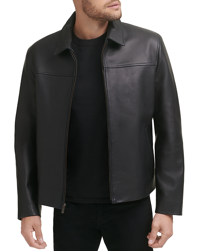 Cole Haan Smooth Lamb Leather Collared Jacket In Black