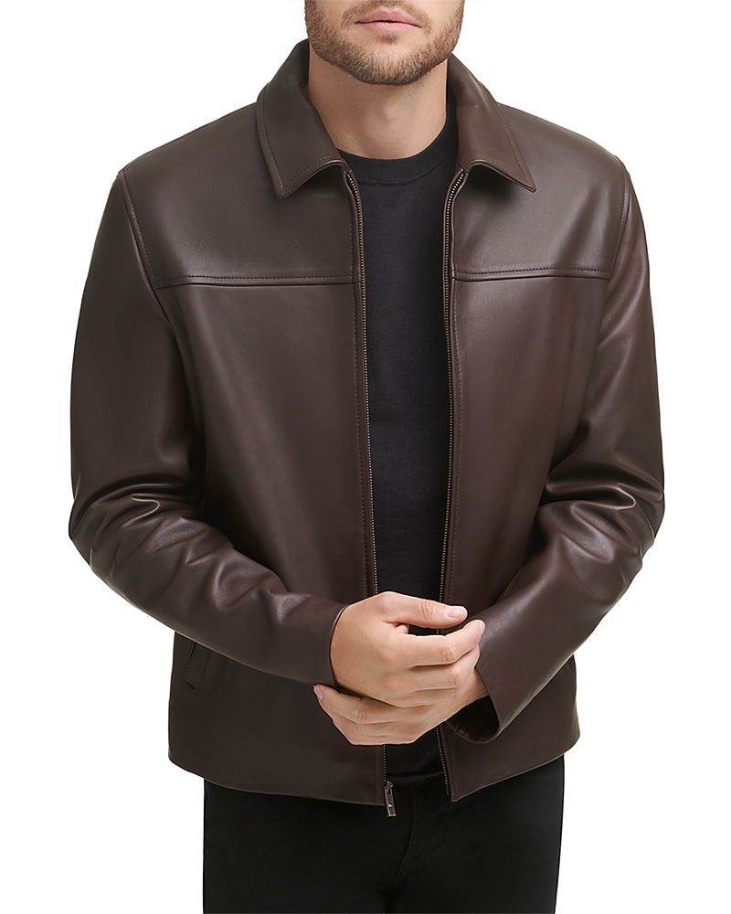 Cole Haan Standing Collar Smooth Lamb Leather Jacket In Java