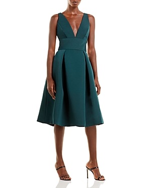 Amsale Faille V-neck Fit-and-flare Dress In Hunter