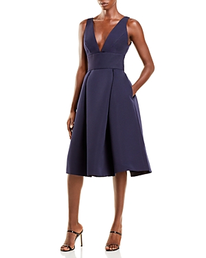 Amsale Faille V-neck Fit-and-flare Dress In Navy