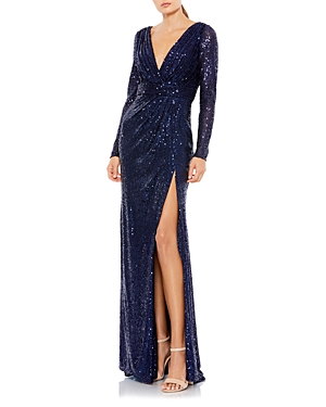Shop Mac Duggal Sequined V Neck Long Sleeve Gown In Midnight
