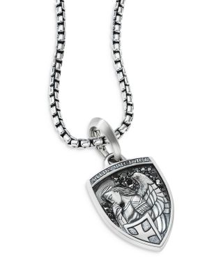 Men's Sterling Silver St. Michael Medallion Amulet with Pav&eacute; Black Diamonds