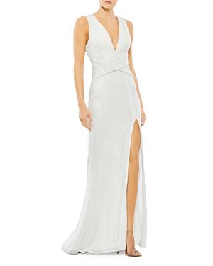 Mac Duggal Embellished Sleeveless Cross Front Gown In White