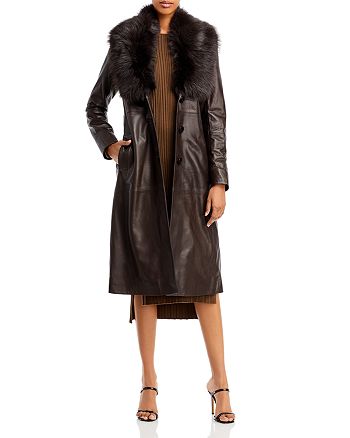 Nour Hammour Shearling Collar Belted Leather Trench Coat | Bloomingdale's
