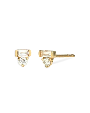 14K Yellow Gold Diamond Round & Baguette Stud Earrings