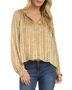 Elan Star Print Peasant Top In Gold Paisley