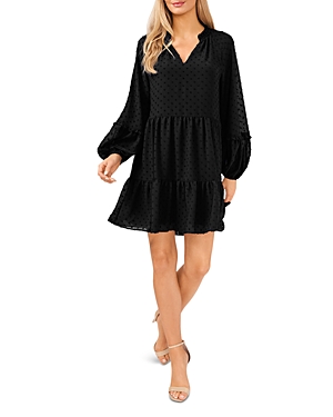 Cece Tiered Mock Neck Long Sleeve Shift Dress In Rich Black