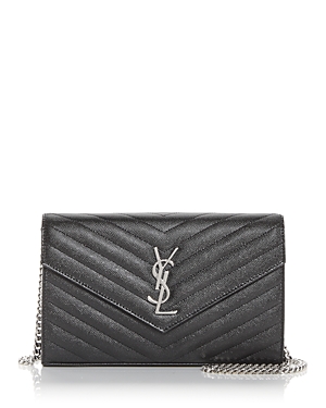 Saint Laurent Monogram Quilted Leather Chain Wallet In Black/silver