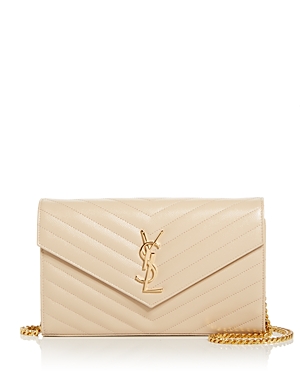 Saint Laurent Envelope Quilted Leather Chain Wallet In Beige/gold