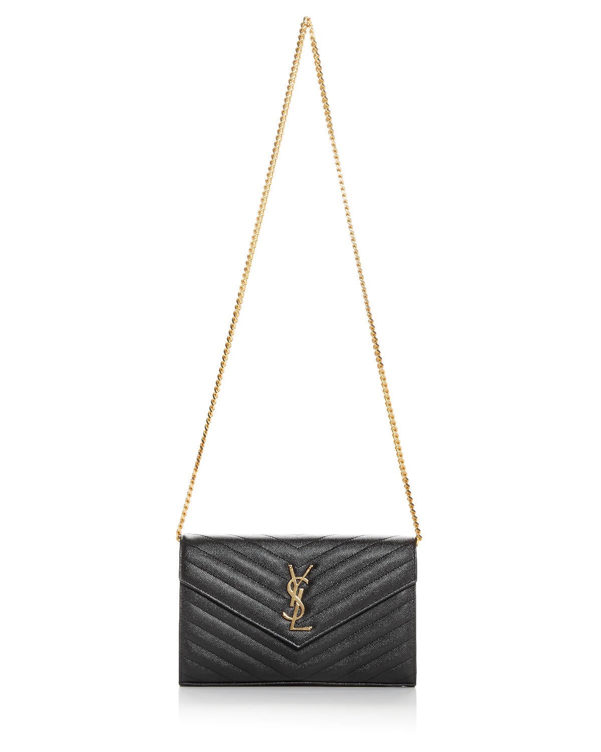 Saint Laurent Classic Cassandre Chain Wallet in Grain Leather in Black Grain/Gold