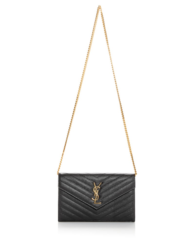 Saint Laurent Classic Cassandre Chain Wallet in Grain Leather in Black Grain/Gold