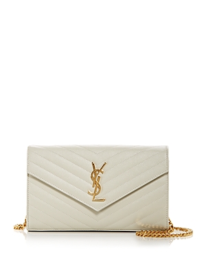 Saint Laurent Monogram Quilted Leather Chain Wallet In White/gold