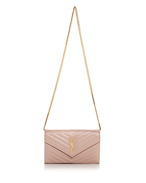 Saint Laurent Monogram Quilted Leather Chain Wallet In Pink/gold
