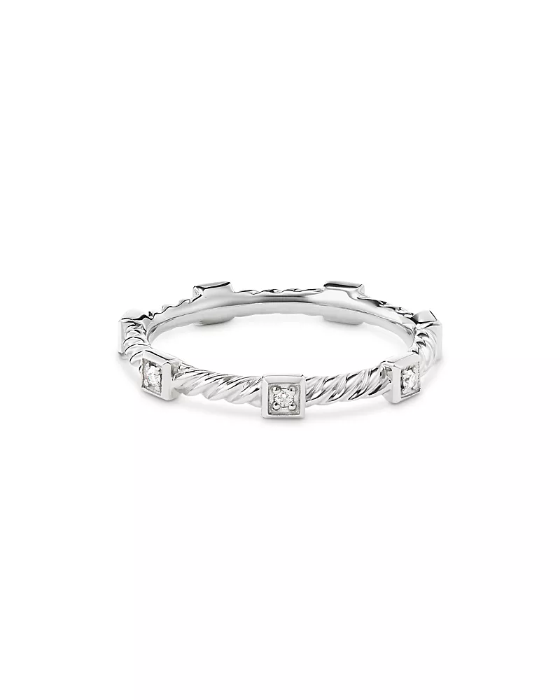David Yurman 18K White Gold Cable Collectibles Diamond Stack Ring