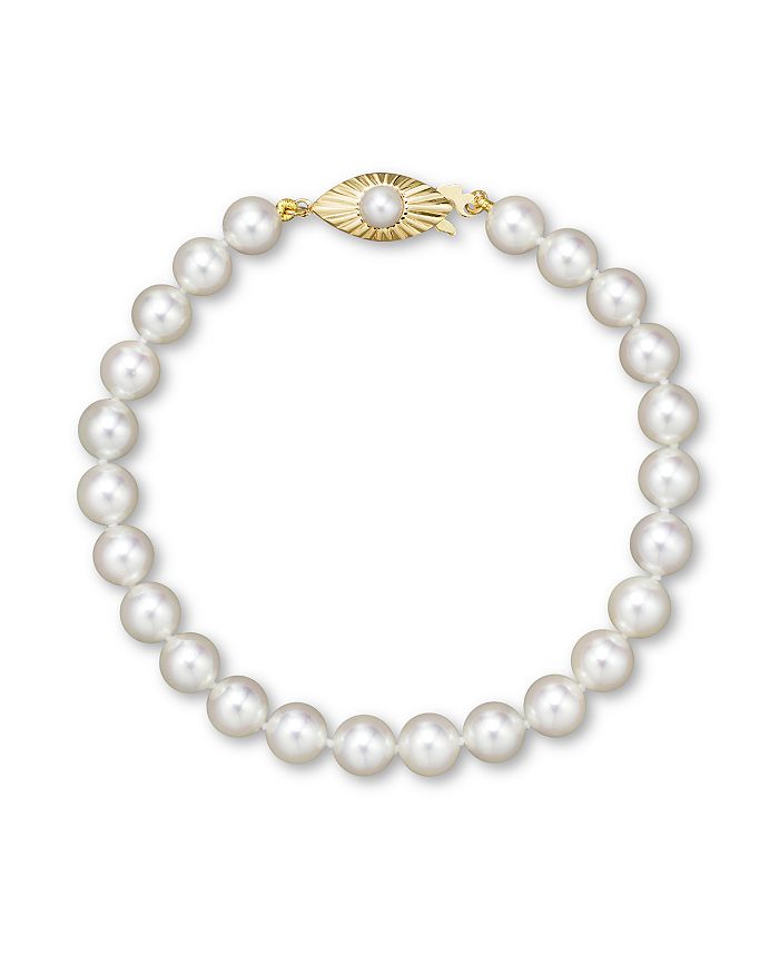 Bloomingdale's Cultured Akoya Pearl Bracelet In 14k Yellow Gold, 6.5mm In Gold/white