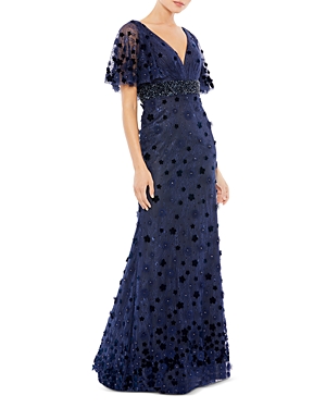 Mac Duggal Embellished Floral Short Sleeve Gown In Midnight