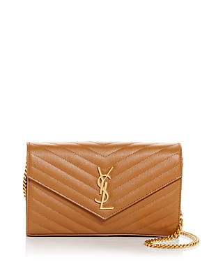 Saint Laurent Monogram Quilted Leather Chain Wallet In Dark Natural/gold