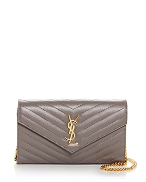 Saint Laurent Monogram Quilted Leather Chain Wallet In Fog/gold