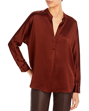 Vince Silk Banded Collar Blouse In Dark Red Umber