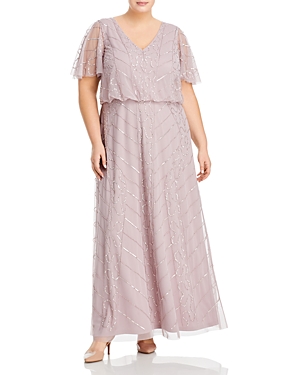 Adrianna Papell Plus Embellished Flutter Sleeve Gown In Light Heather