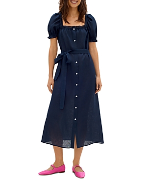 Sleeper Brigitte Belted Linen Midi Dress In Navy