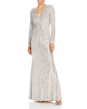 Eliza J Sequin Long Sleeve Evening Gown In Silver