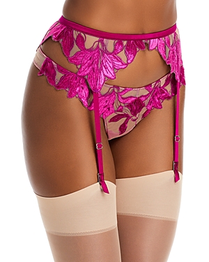 Shop Fleur Du Mal Velvet Lily Embroidered Garter Belt In Magenta