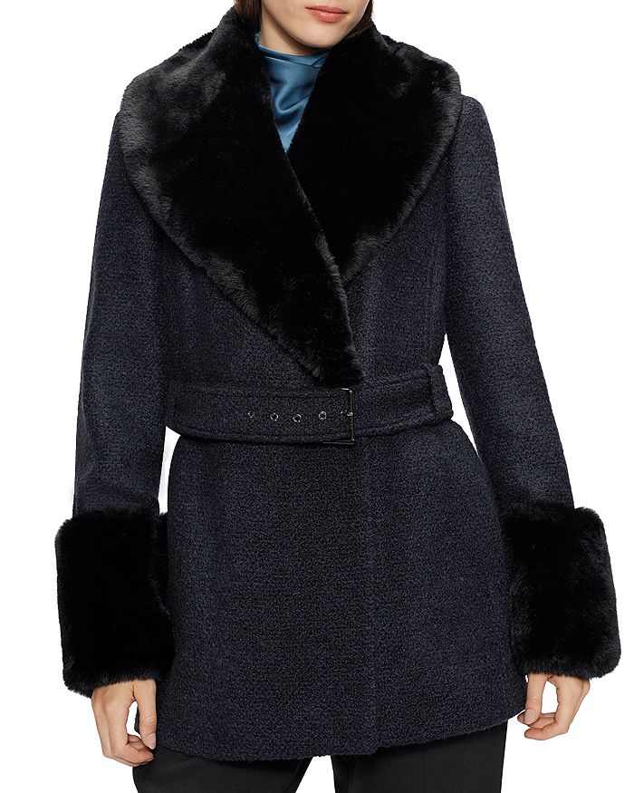 Faux Fur Trim Belted Coat