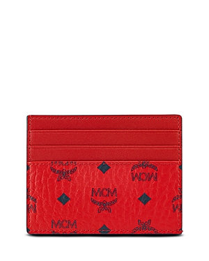 Mcm Mini Visetos Canvas Card Case With Money Clip In Candy Red