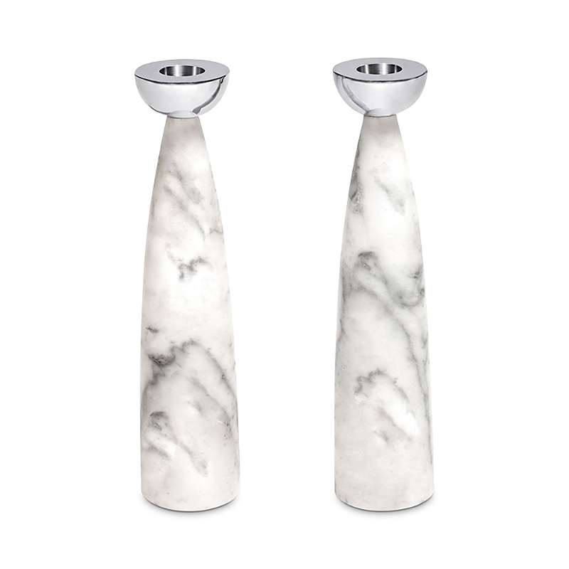 Anna New York Coluna 2-piece Carrara Marble & Steel Candlestick Set In Carrara