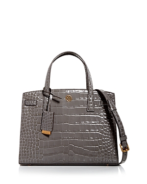 Tory Burch Walker Small Croc Embossed Leather Satchel In Mineral Gray