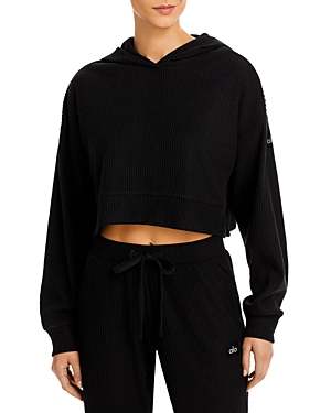 Shop Alo Yoga Muse Rib-knit Hooded Sweatshirt In Black