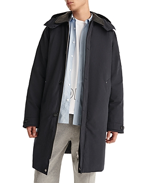 The Kooples Hooded Leather Collar Long Parka In Navy