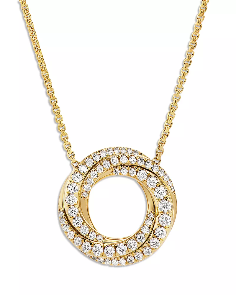 David Yurman Petite Pave Crossover Pendant Necklace in 18K Yellow Gold with Diamonds, 15.5mm