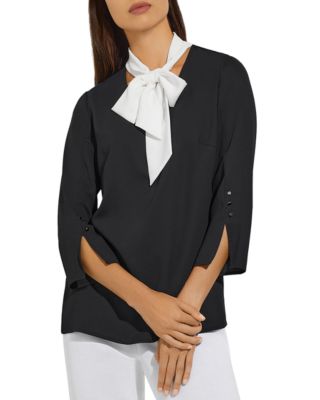 Contrast Tie V-Neck Crepe de Chine Blouse