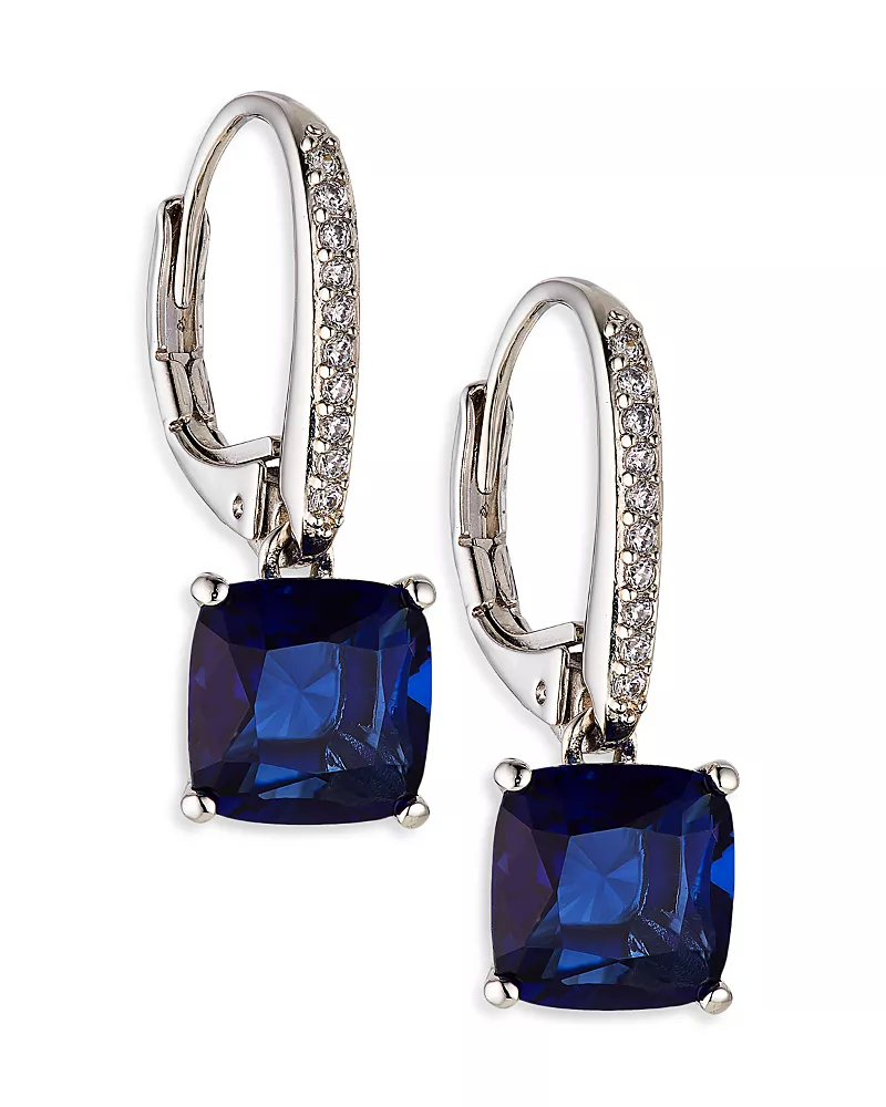 Nadri Modern Love Blue Cubic Zirconia Square Drop Earrings in Rhodium Plated