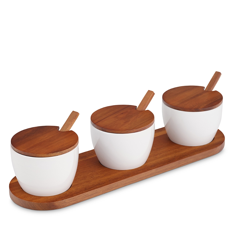 Nambe Nambé Duets Triple Condiment Server With Lids & Spoons In White
